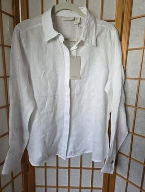 NWT WOMENS CHRISTIAN SIRIANO WHITE 100% LINEN SHIRT/BLOUSE BUTTONS DOWN MEDIUM